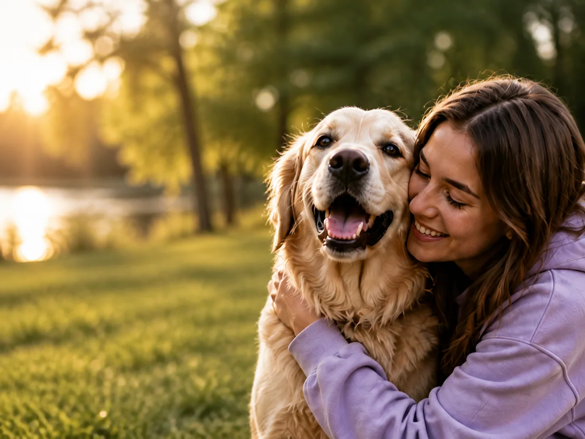 Una mujer abrazando a su perro en un parque